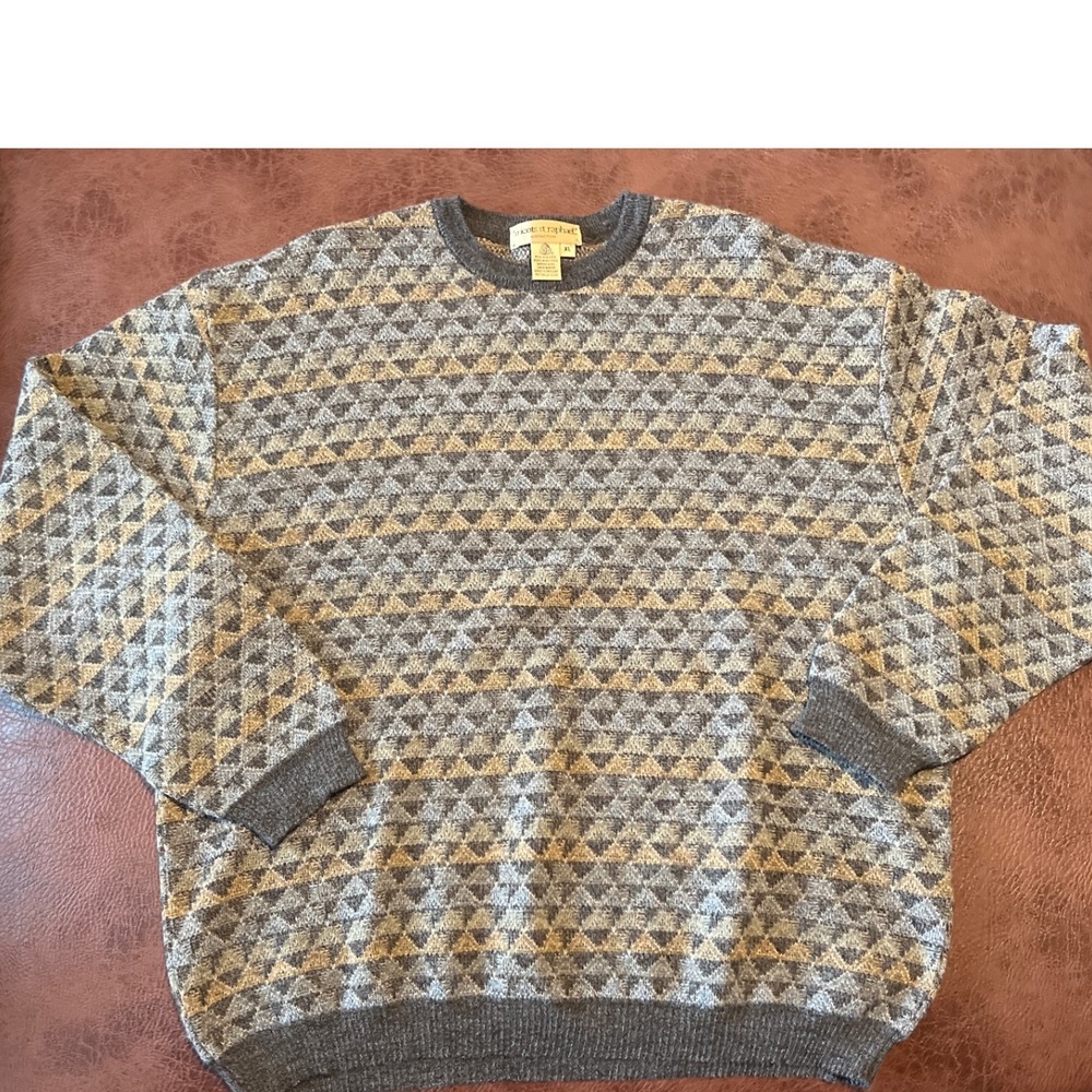Tricots St Raphael Merino Wool Sweater‎ XL Grey Tan Geometric Triangle Crewneck